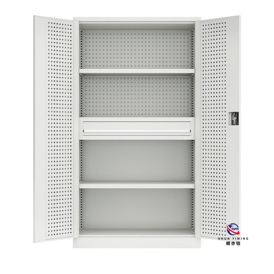 Industrial Steel Tool Storage Cabinet with Pegboard, Multi-functional Metal Workshop Organizer with Locking Doors