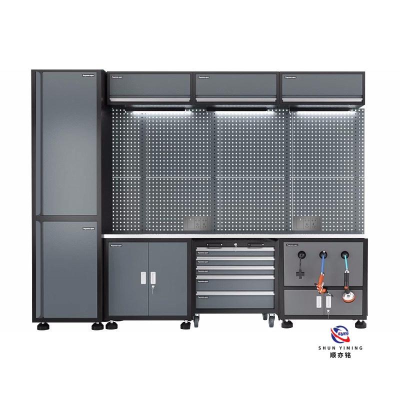 Robust Steel Combined Workstation, Multi-functional Tool Station with Lockable Cabinets for Metalworking