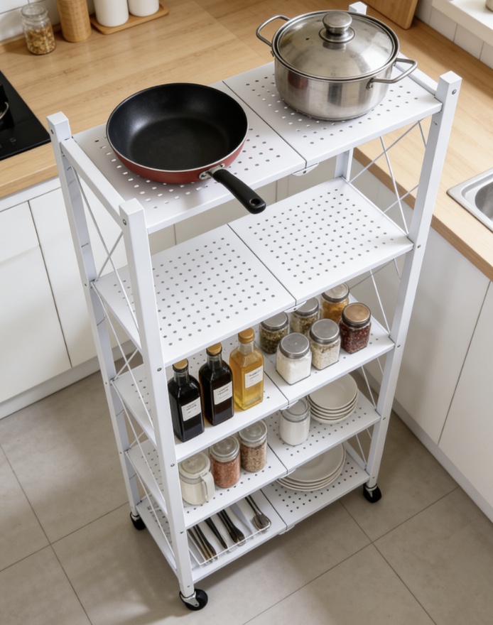Foldable Metal Kitchen Shelf Organizer Space-Saving Freestanding Countertop Unit for Home Use
