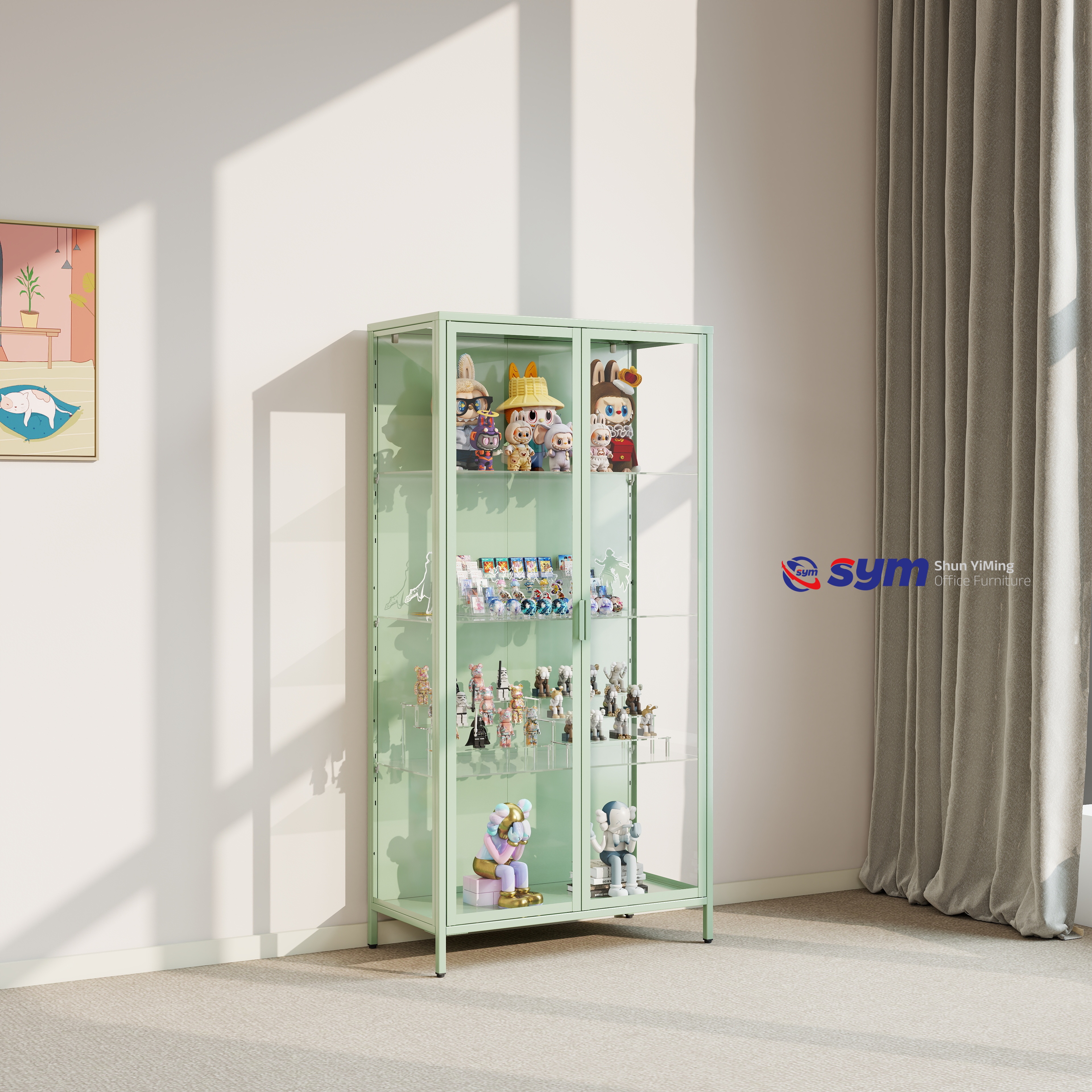 Glass Display Cabinet with LED Light for Action Figures, Modern Metal Frame Curio Showcase with Adjustable Shelves