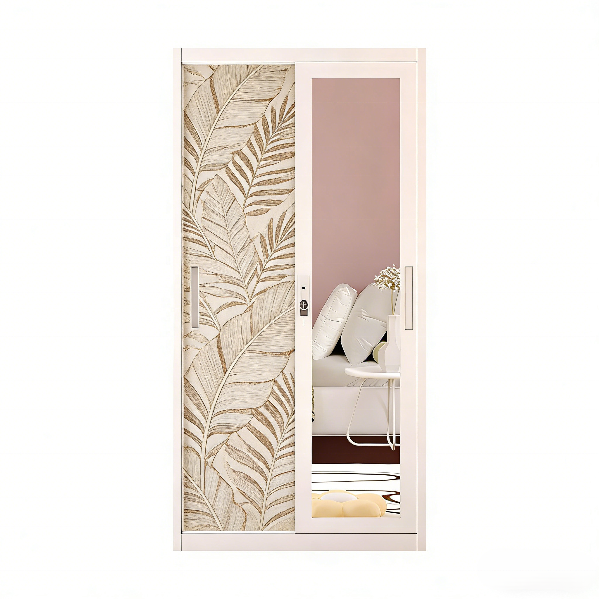 Premium Steel Printed 4-Door Wardrobe Armoire with 2 Mirrors, 2 Drawers and Durable Swing Doors with Lock for Bedroom Storage
