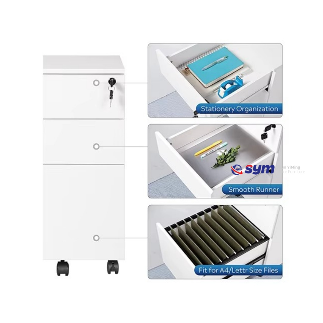 Standard 3 Drawer Metal Mobile Pedestal Cabinet, Durable Steel Under Desk File Storage Unit with Central Locking Set