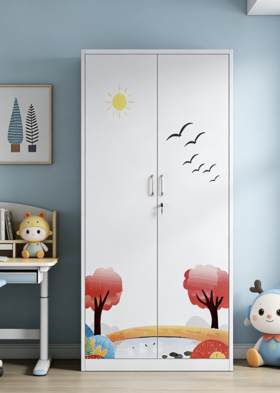 Sturdy Durable Modern 4-Door Steel Printed Lockable Wardrobe with 2 Mirrors 2 Drawers Hanging Rail for Bedroom Organization
