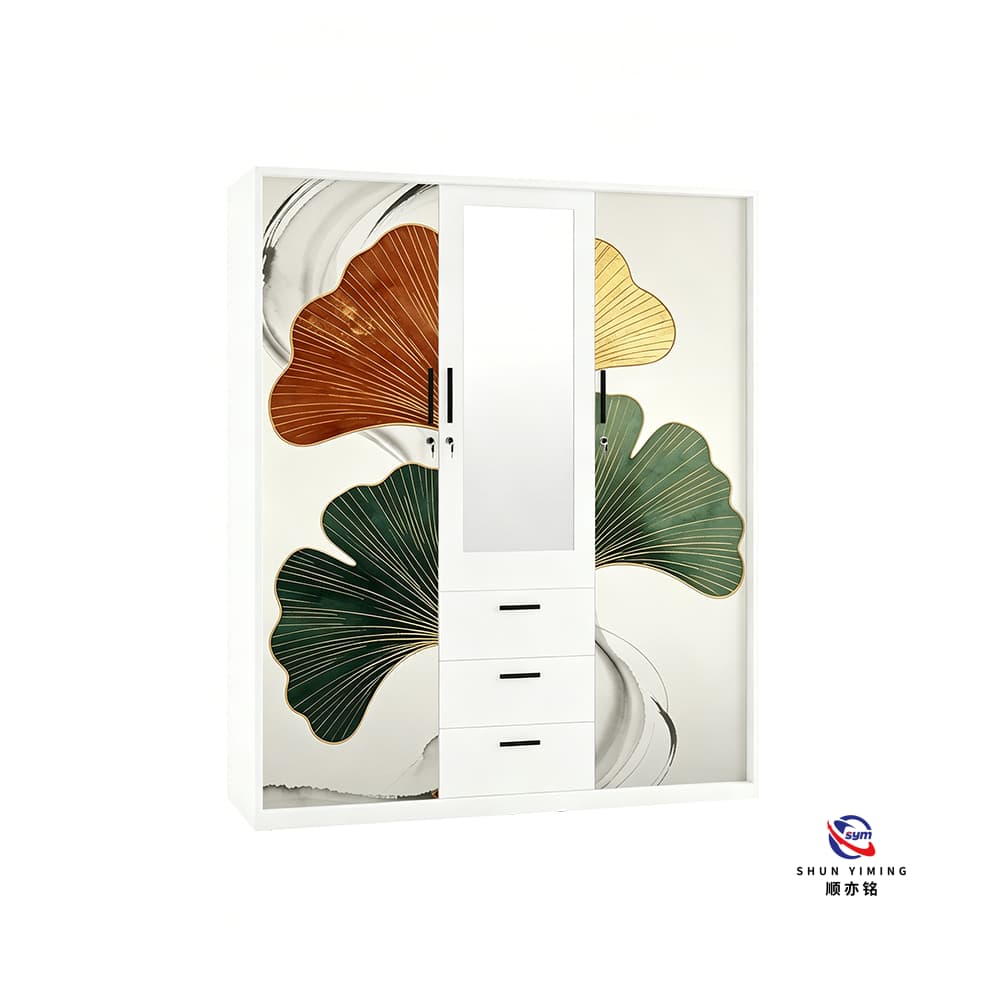 Printed Steel Bedroom Wardrobe with Drawers, Heavy Duty Metal Clothes Storage Cabinet with Secure Locking System