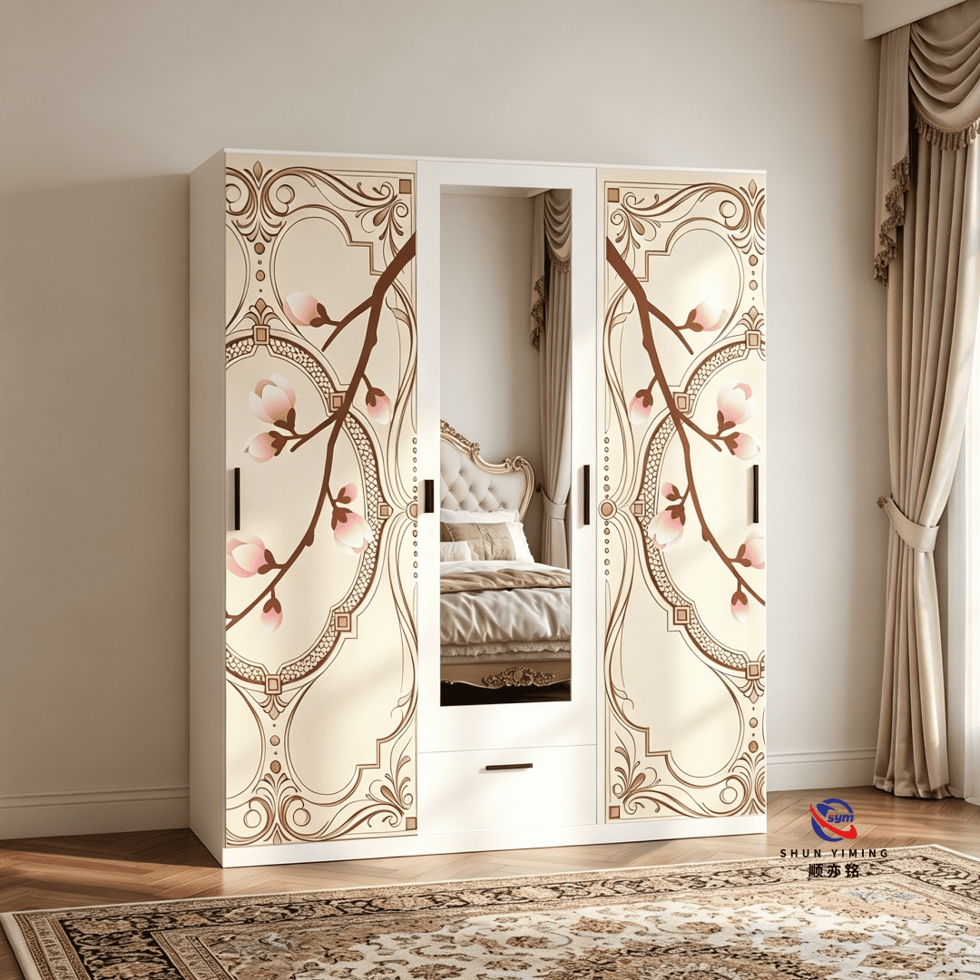 Slim Design Printed Steel Wardrobe for Bedroom, Vertical Space Saving Metal Clothes Storage Cabinet with Floral
