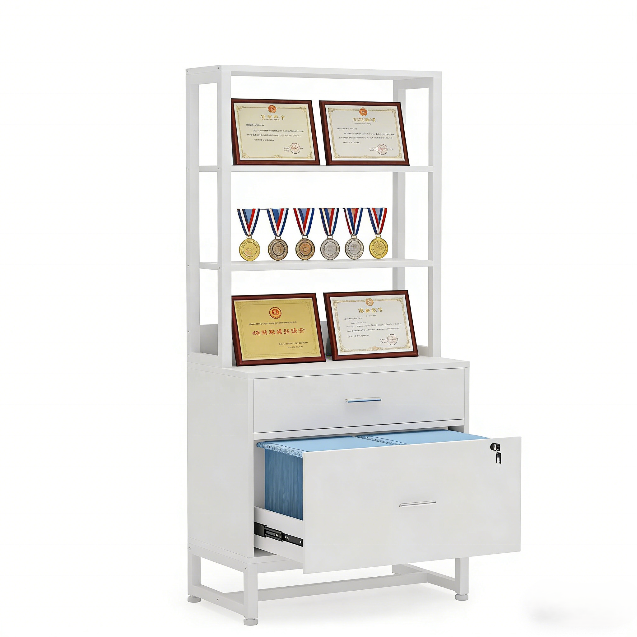 White Printer Stand with Open Shelves 2-Drawer Lockable Wood File Cabinet Mobile Lateral Filing Unit for Office