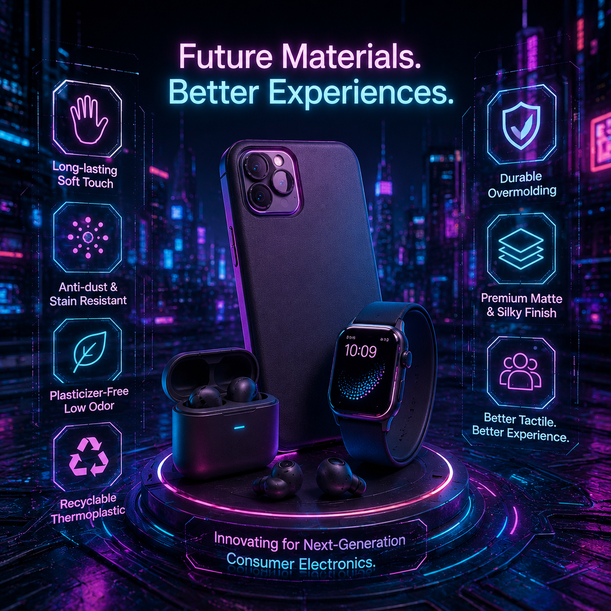 Premium tactile materials enabling durable, comfortable next-generation electronic devices.