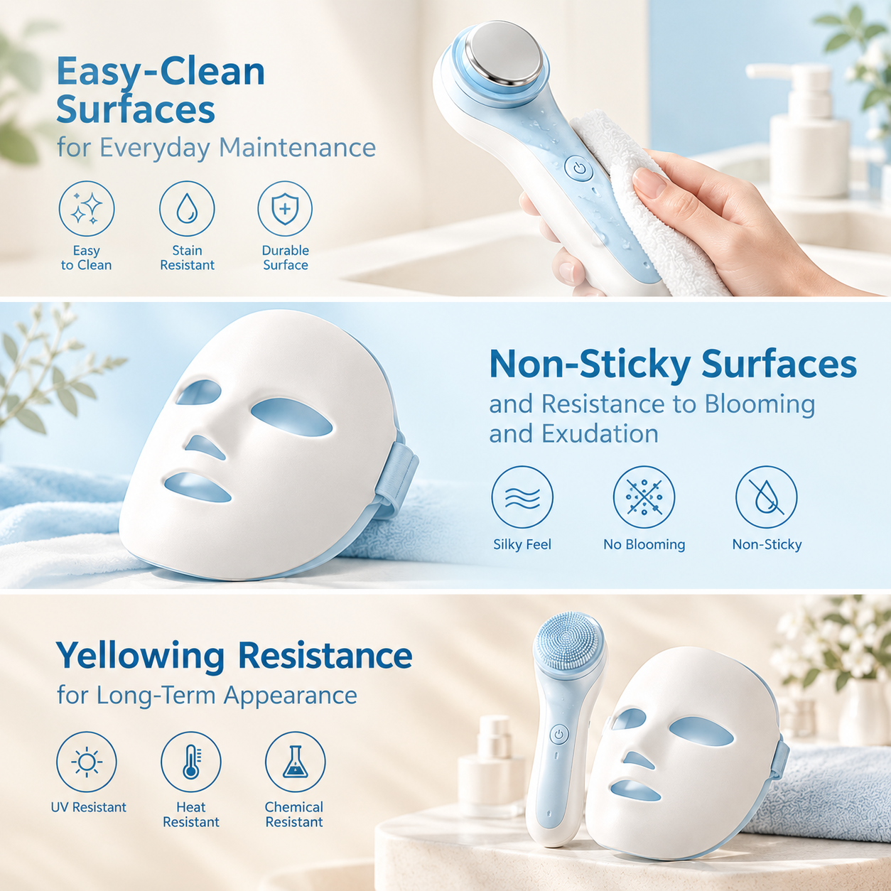 Si-TPV soft-touch elastomers for beauty devices and facial masks, featuring easy-clean surfaces, non-sticky performance, and yellowing resistance.