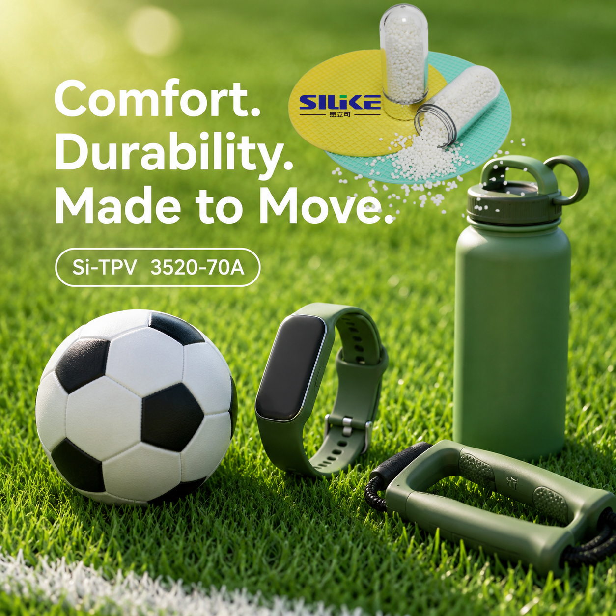 A clean, nature-inspired visual highlighting soft-touch wearable materials for sports, outdoor gear, and World Cup active lifestyles.