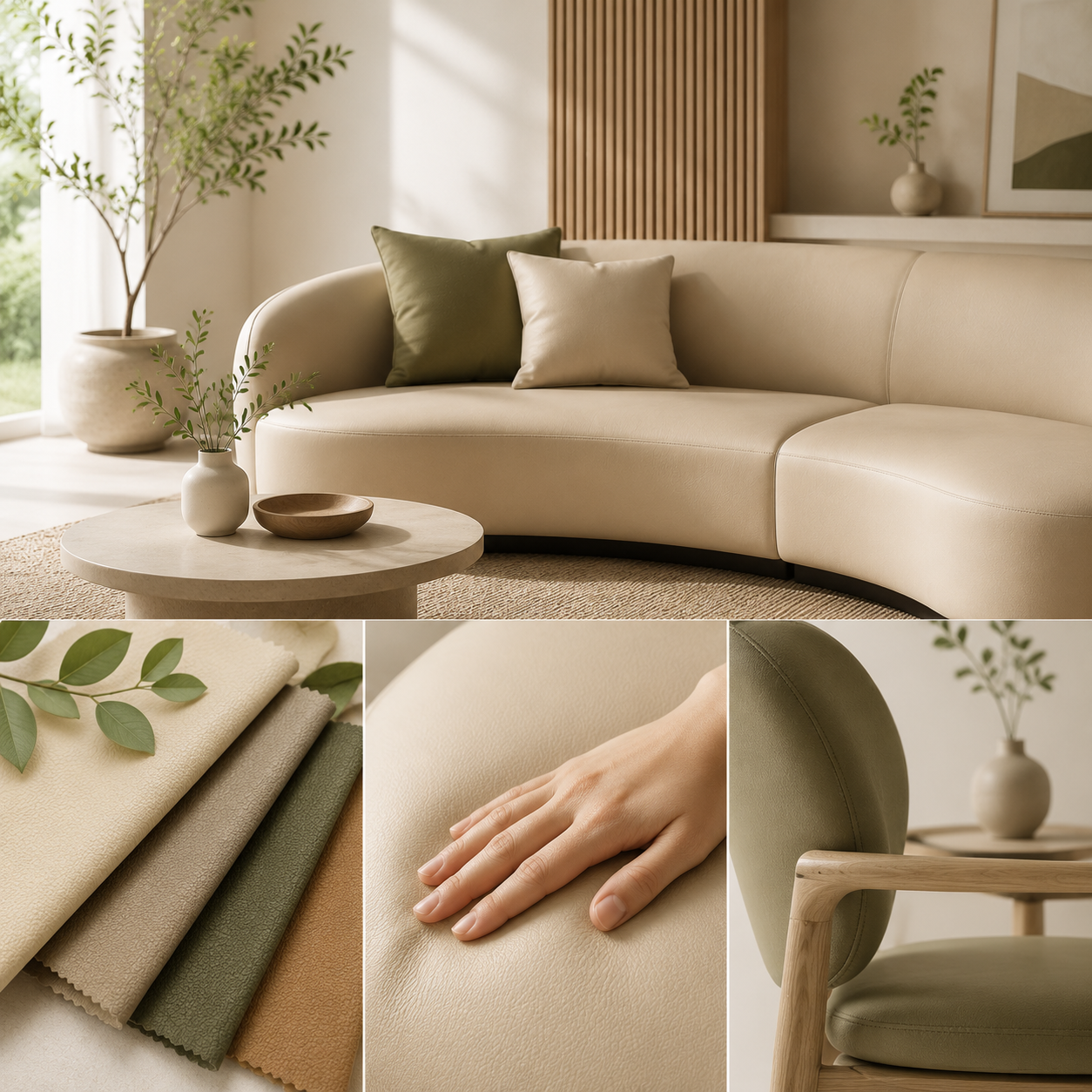A warm minimalist interior showcasing soft-touch upholstery, durable surfaces, and sustainable Si-TPV Silicone Vegan Leather design solutions.