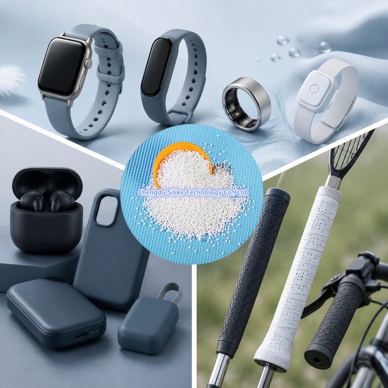 A visual showcase of Si-TPV 3510-65A applications in wearable devices, consumer electronics, and sports equipment with soft-touch comfort and durable performance.
