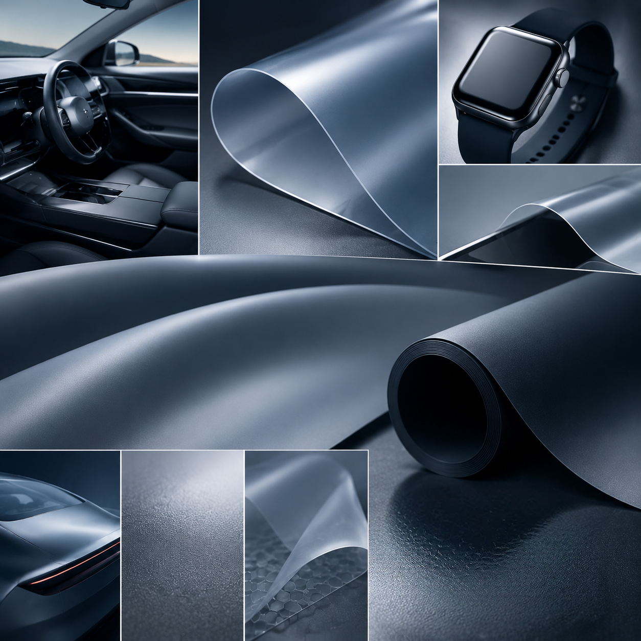 A high-end visual showcasing advanced TPU film and material applications, highlighting matte surface aesthetics, soft-touch performance, and industrial polymer innovation for automotive, wearable, and protective film applications.
