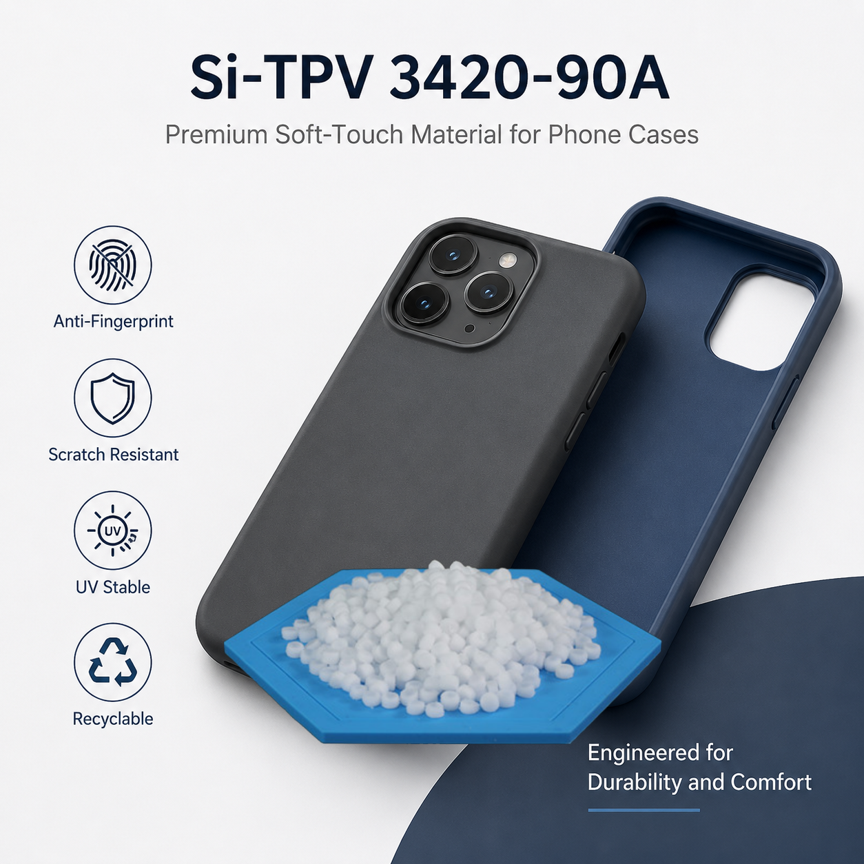 Soft-touch durable elastomer material for premium smartphone protective cases.