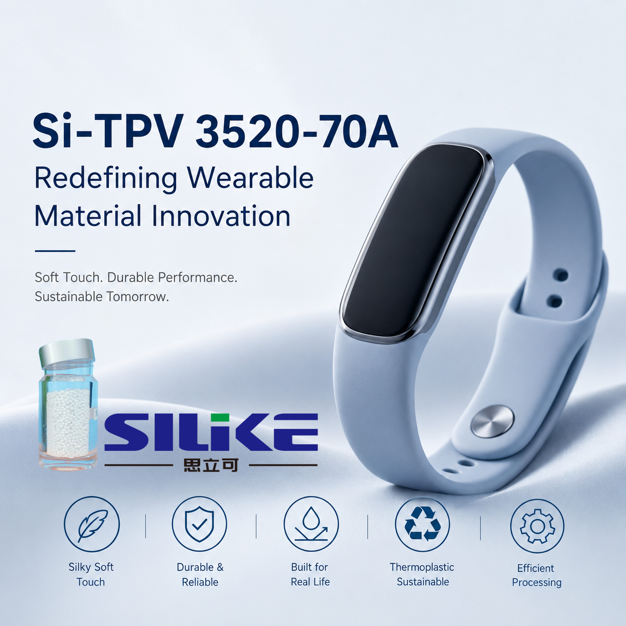 A minimalist high-end marketing visual featuring Si-TPV 3520-70A wearable material concept, highlighting soft-touch texture, durability, and sustainable thermoplastic elastomer performance in a clean, modern industrial design style with subtle technological aesthetic elements.