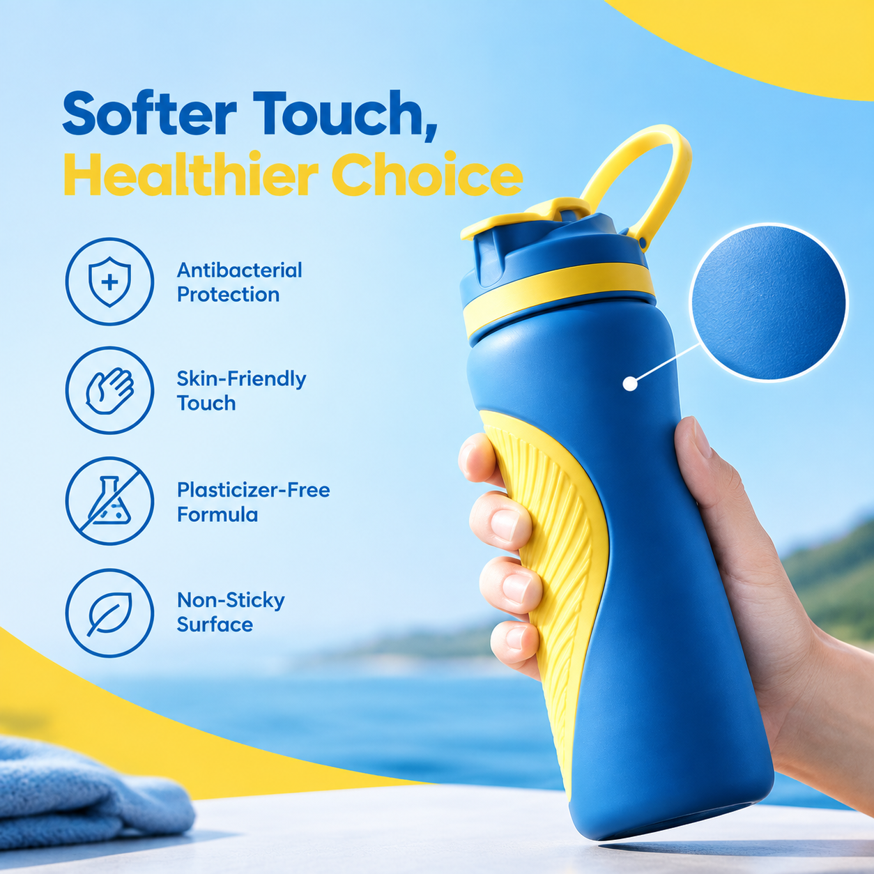 Sports Water Bottle with Si-TPV Antibacterial Elastomer for Soft Touch, Comfortable Grip, and Non-Sticky Surface Performance