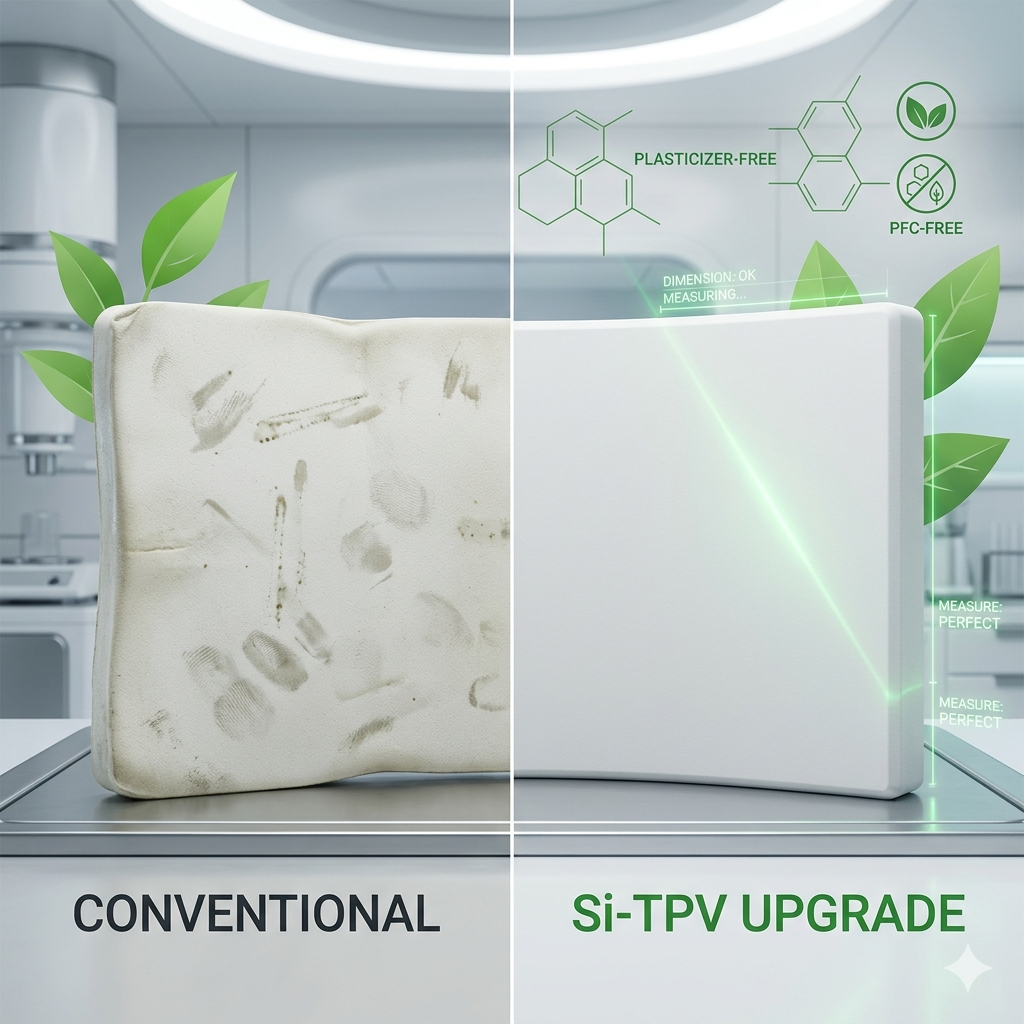 Side-by-side comparison showing improved dimensional stability, cleanliness, and plasticizer-free performance.