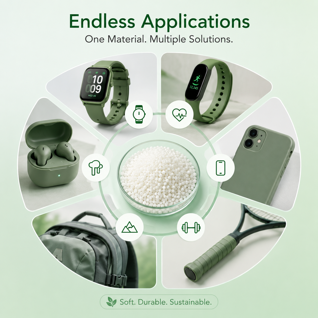 Application overview of Si-TPV 3520-60A, highlighting its role in wearable technology, sports equipment, portable electronics, and outdoor lifestyle products.