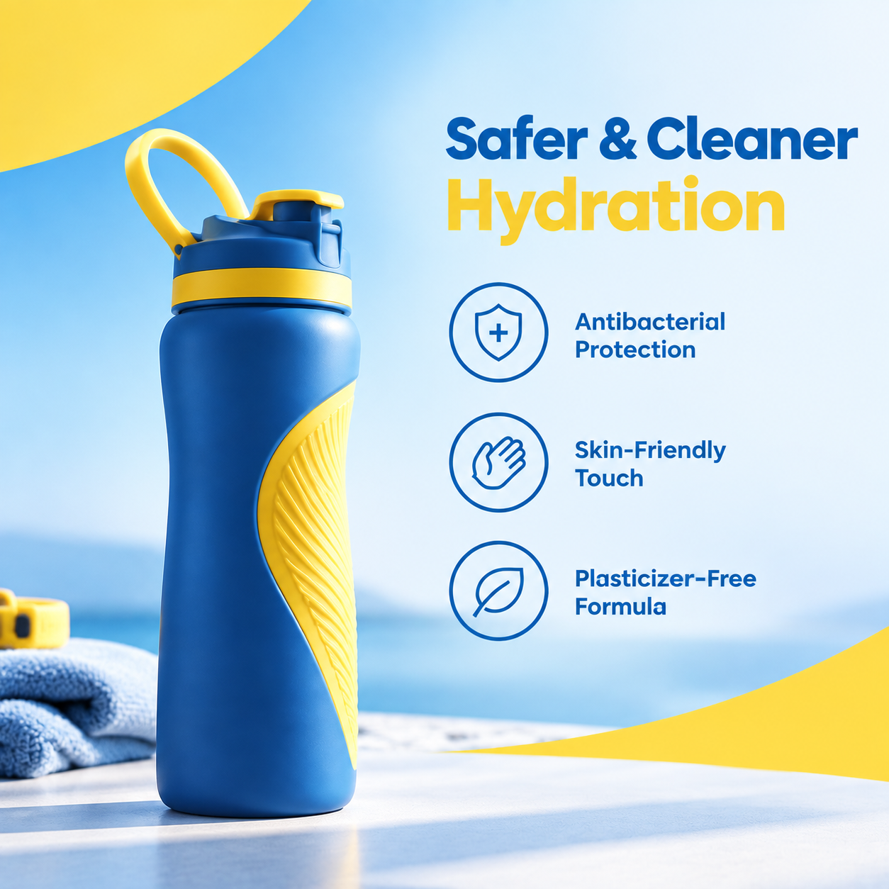 Sports Water Bottle with Si-TPV Silicone-Based Elastomer for Hygienic, Skin-Friendly, and Plasticizer-Free Surface Protection