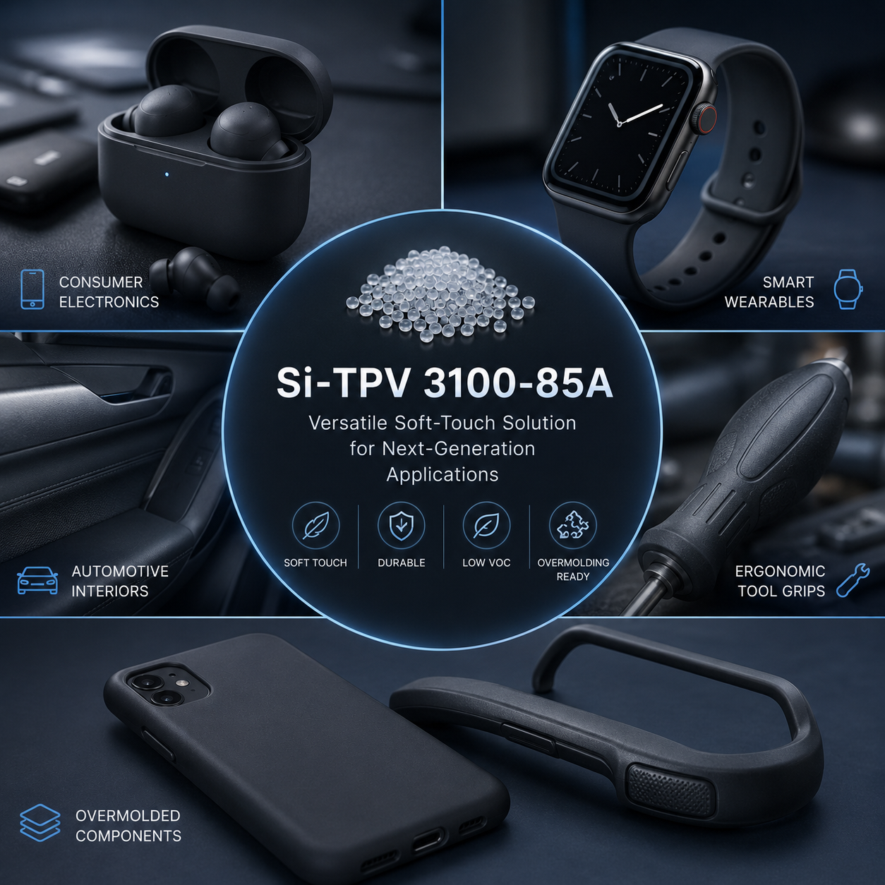 Premium tactile solutions for wearables, electronics, automotive interiors, and overmolded components.