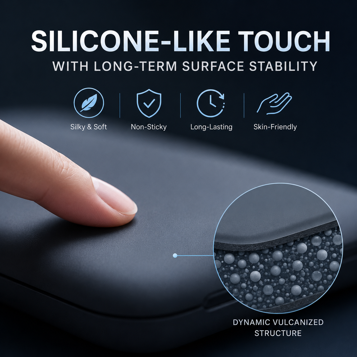 Advanced silicone-based elastomer delivering soft touch, clean surface, and long-term comfort stability.