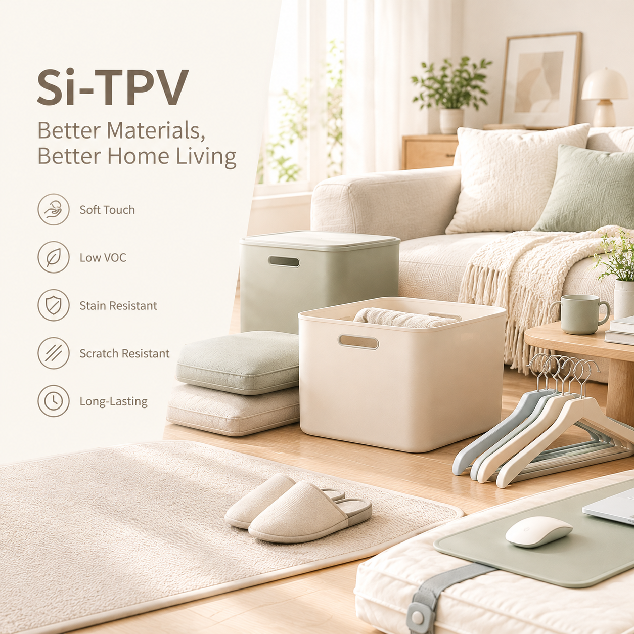 Household products with Si-TPV elastomer surfaces for soft touch, stain resistance, and long-lasting durability.