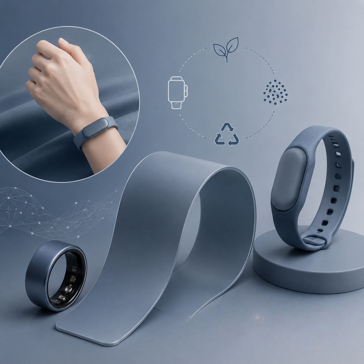 A sleek blue-gray visual concept showcasing wearable devices and sustainable material systems, highlighting the integration of comfort-driven design, smart health monitoring, and circular material innovation in future wearable technology.