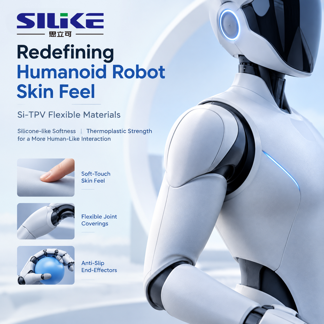Discover how SILIKE Si-TPV flexible materials combine silicone-like softness with thermoplastic strength for humanoid robot skin, joint coverings, and anti-slip end-effectors.