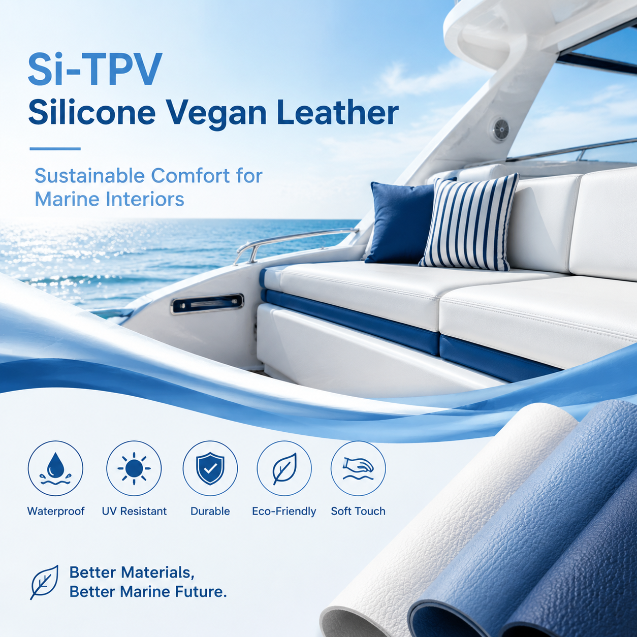 Sustainable silicone vegan leather for marine interiors, combining soft touch comfort, durability, waterproof performance, and eco-friendly design.