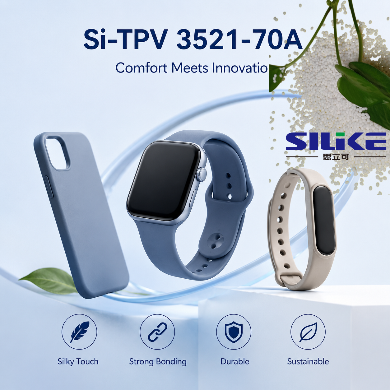 A clean and minimalist 1:1 promotional image featuring a smartphone case, smartwatch band, and fitness tracker made with Si-TPV 3521-70A. The design highlights soft-touch comfort, strong bonding performance, durability, and sustainable processing for premium consumer electronics and wearable applications.