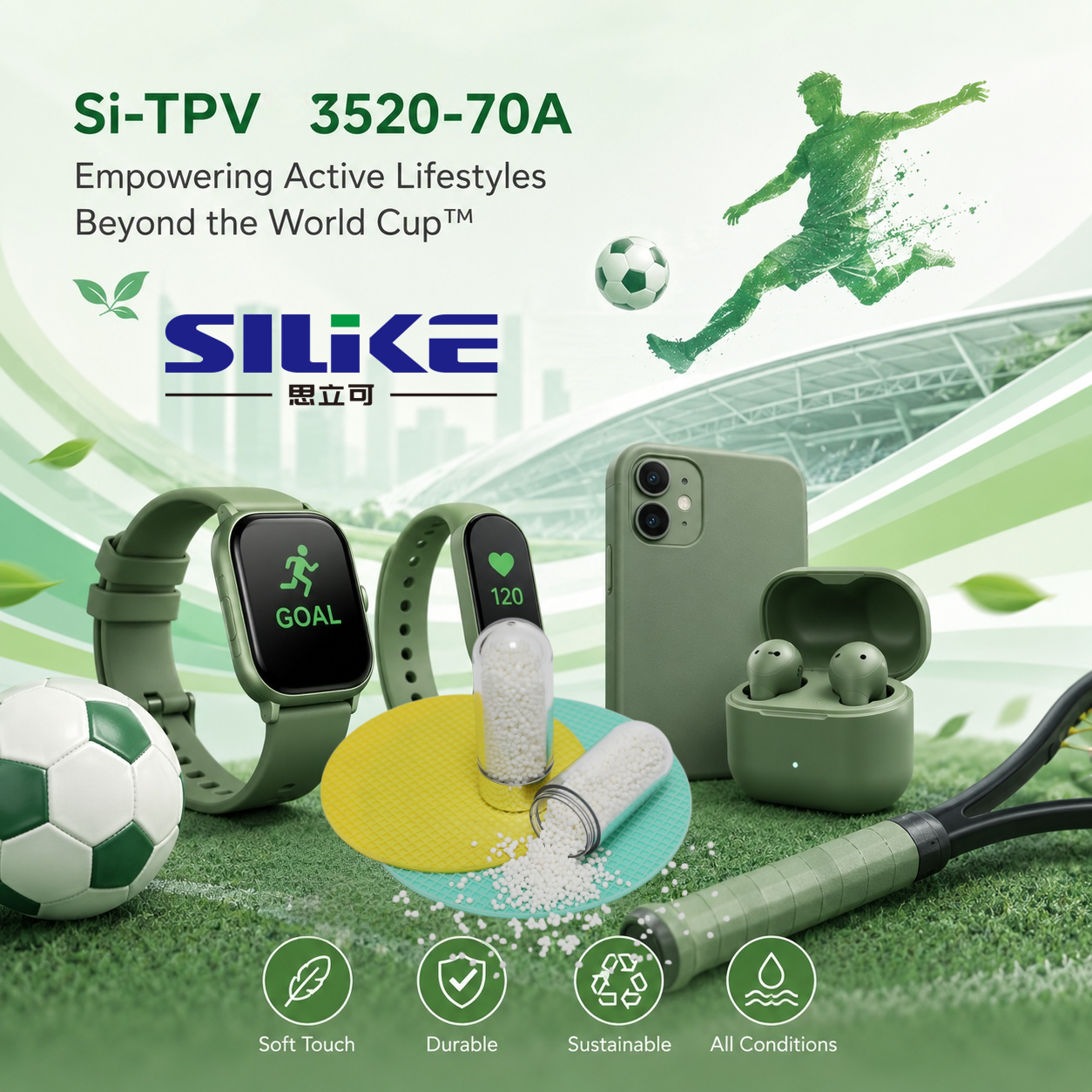 World Cup-themed illustration showcasing Si-TPV 3520-60A for wearables, sports equipment, and outdoor products that combine soft-touch comfort with durable performance.