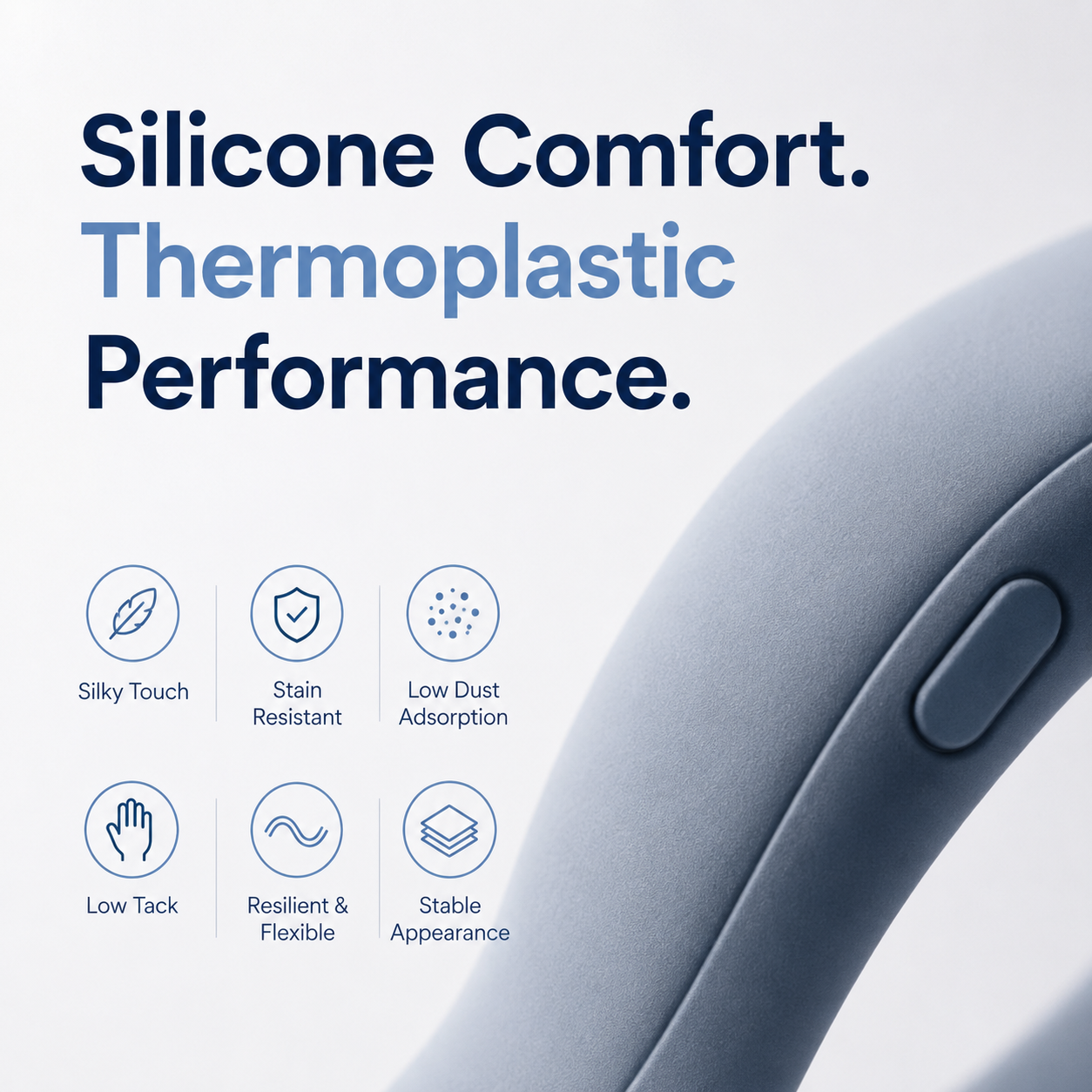 Minimalist promotional poster showcasing Si-TPV 3320-60A with silky silicone comfort, thermoplastic processability, and durable soft-touch performance for wearable and ergonomic device applications.