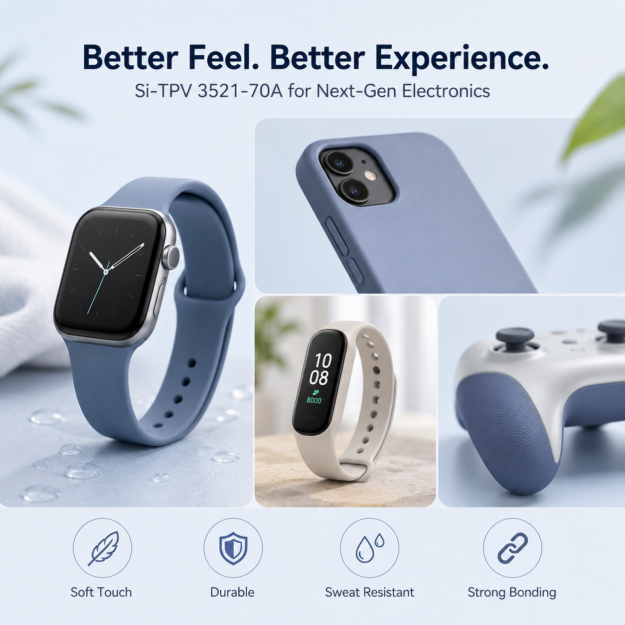 Minimalist image of Si-TPV 3521-70A applications, featuring a smartwatch strap, smartphone case, fitness band, and gaming controller grip.