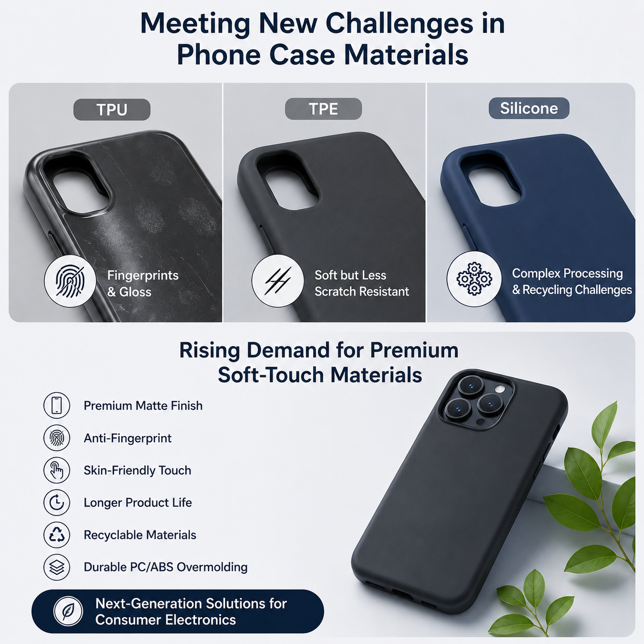 A clean infographic illustrating key challenges and emerging trends in phone case materials, highlighting TPU, TPE, and silicone limitations alongside growing demand for premium, sustainable, and soft-touch solutions.