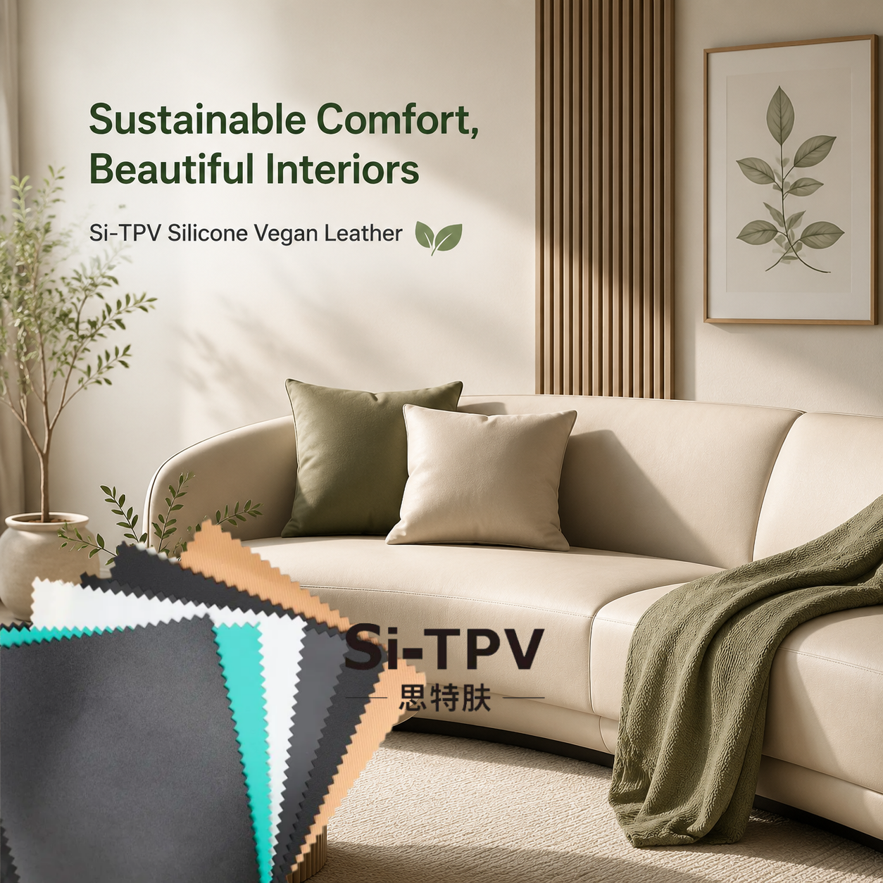 A modern living space featuring Si-TPV Silicone Vegan Leather, combining soft-touch comfort, premium aesthetics, and sustainable interior design.