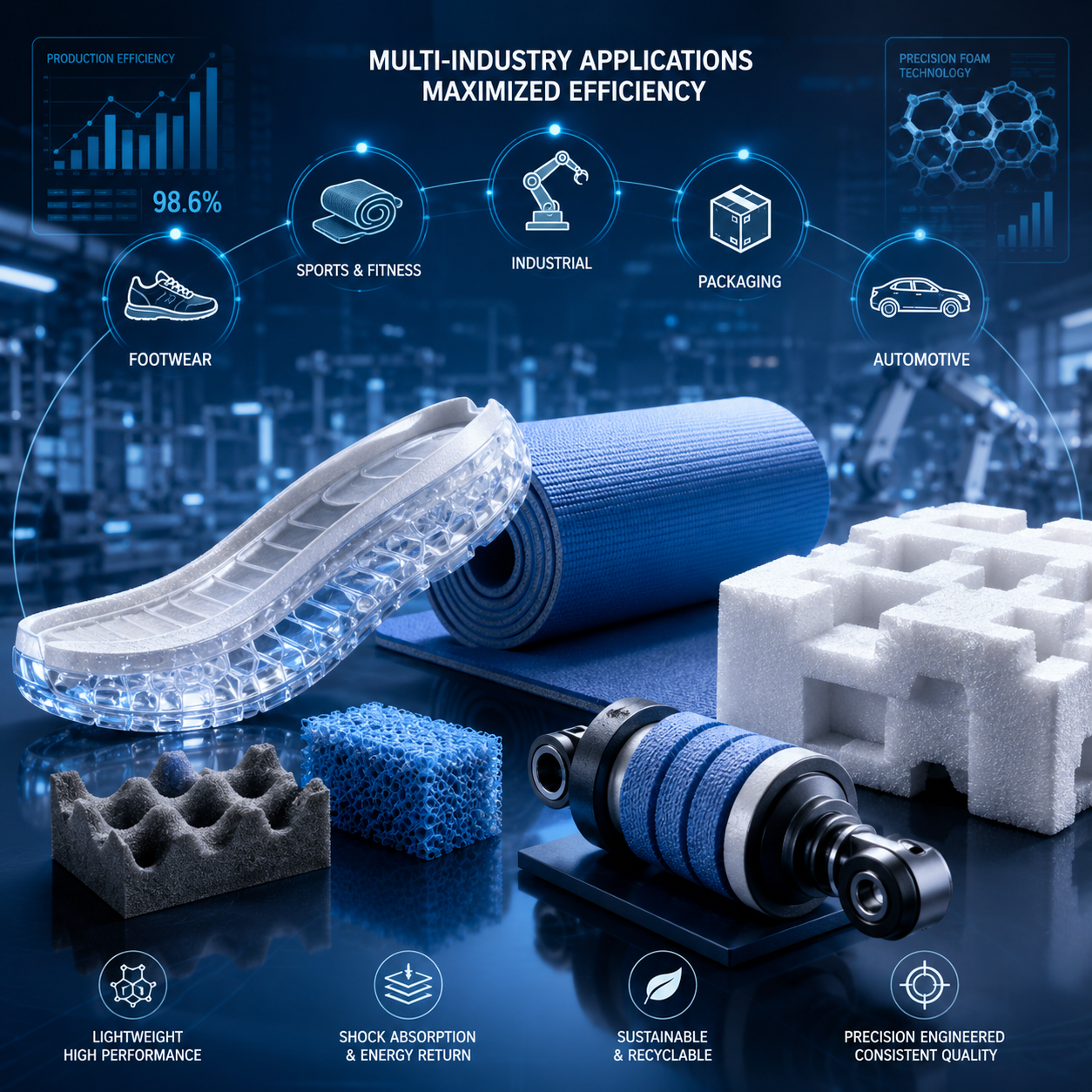 High-tech visual composition showcasing versatile foam solutions across footwear, fitness, industrial, and packaging applications.