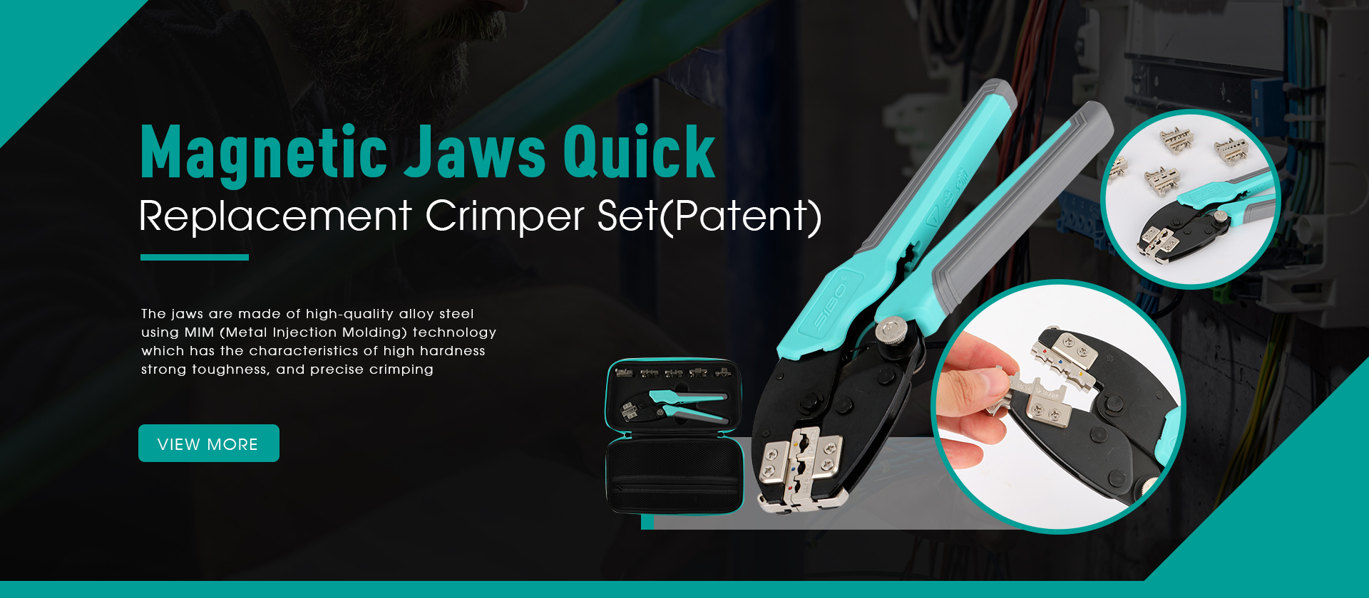 SIBO crimping pliers with magnetic quick-change jaws on an industrial workbench