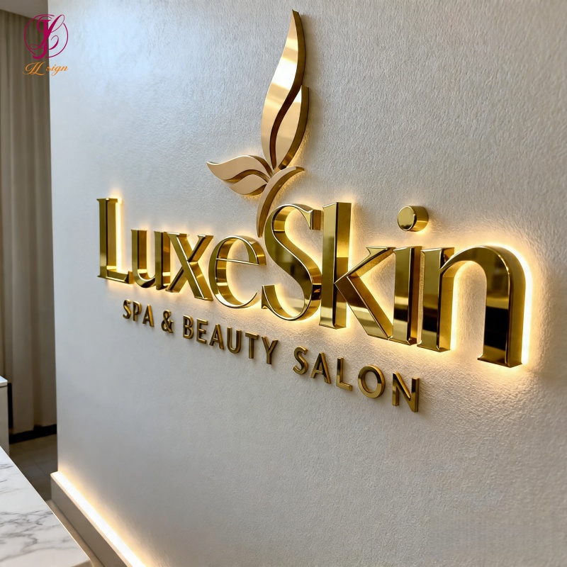 Custom 3D Backlit LED Illuminated Sign,Stainless Steel Laser Cut Gold Letter With Backlit Lighted Sign Reception Hair Salon Sign