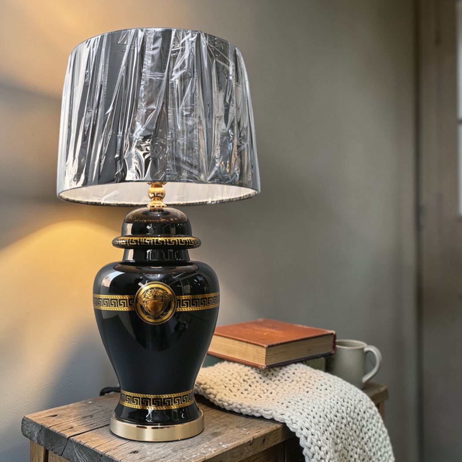 Traditional Ceramic Table Lamp Black Gold Medusa Design Drum Shade Gray Metal Shade Bedroom Decorative Lighting E27 LED 2700K