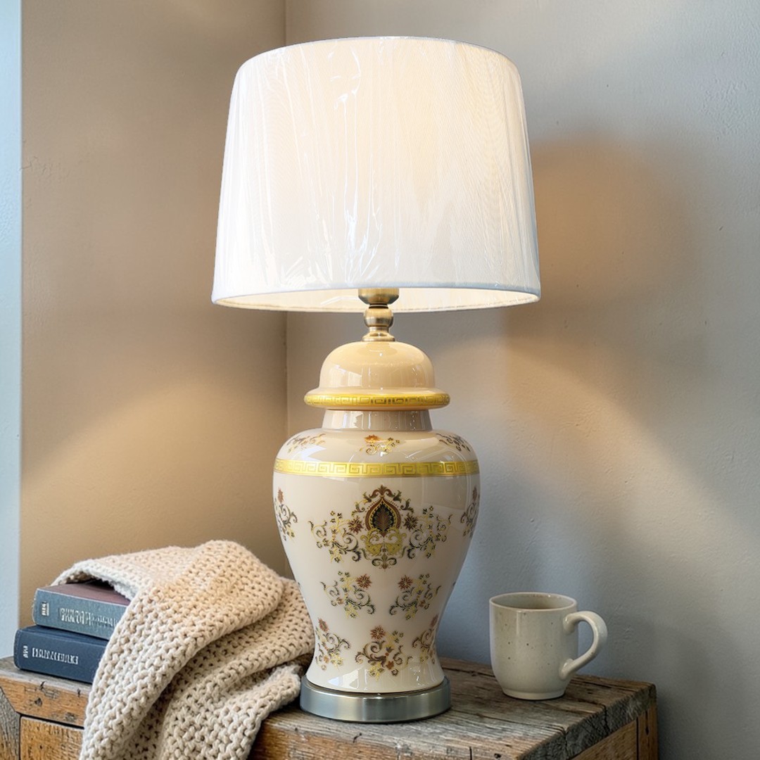 Traditional Glass Table Lamp with White Fabric Drum Shade E27 LED Warm Light Bedroom Decorative Lamp