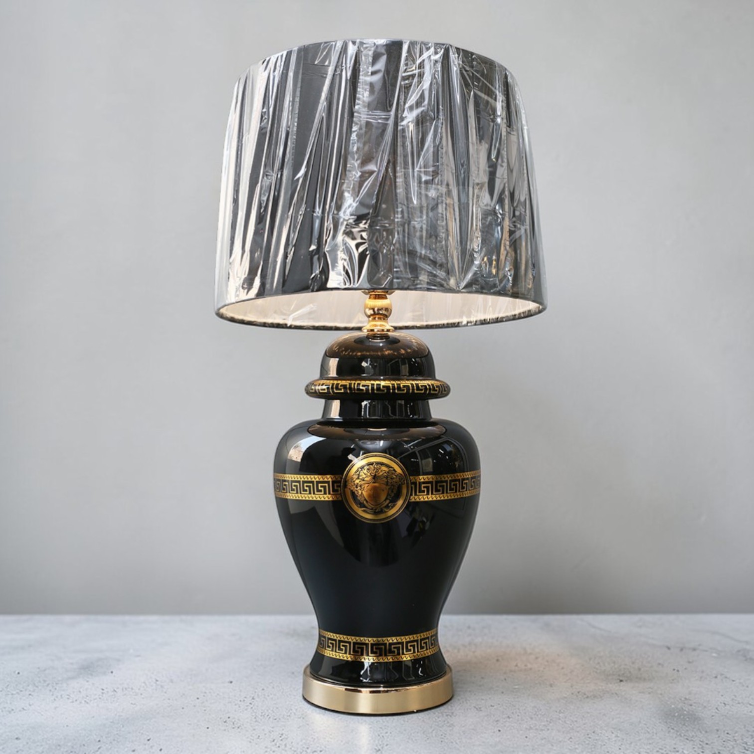 Traditional Ceramic Table Lamp Black Gold Medusa Design Drum Shade Gray Metal Shade Bedroom Decorative Lighting E27 LED 2700K