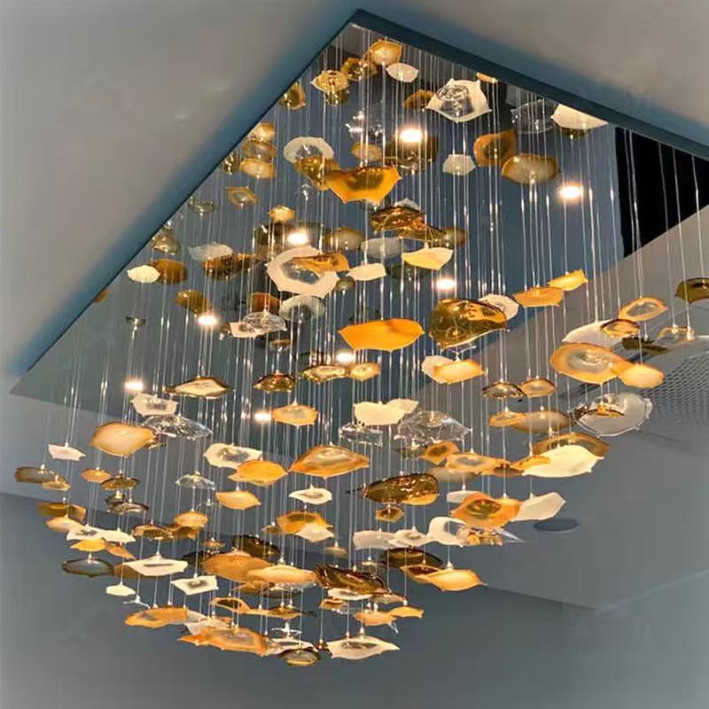 New Villa Decoration Luxurious Glass Crystal Stone Pendant Light Customized Modern Hotel Lobby Chandelier