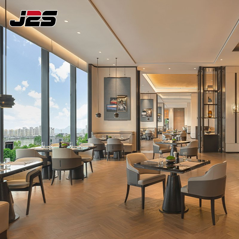 Contemporary Commercial Restaurant Furniture Grey Fabric Chair Rectangular Stone Table Solid Wood Leg Buffet Area