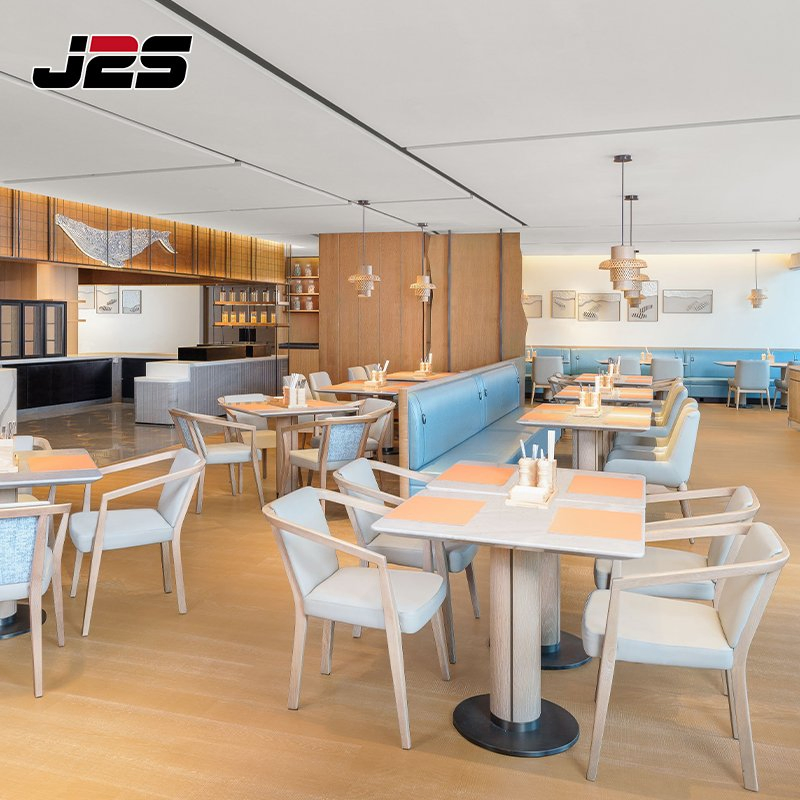Contemporary Commercial Restaurant Furniture Grey Fabric Chair Rectangular Stone Table Solid Wood Leg Buffet Area