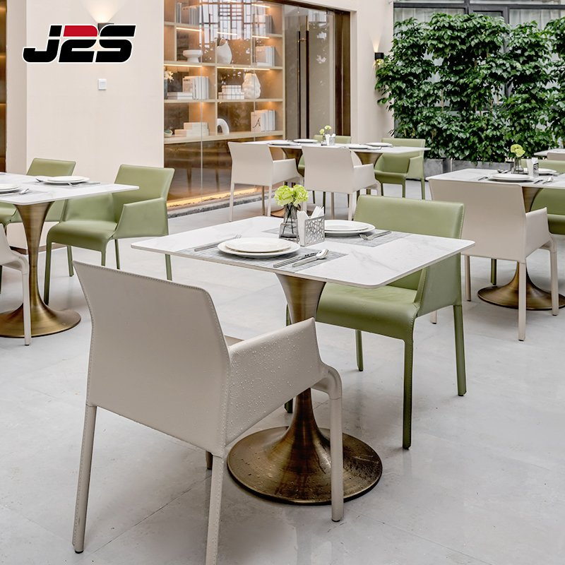 Bespoke Commercial Restaurant Furniture Two Tone Armchair Tulip Base Table White Stone Top Luxury Hotel Buffet Area
