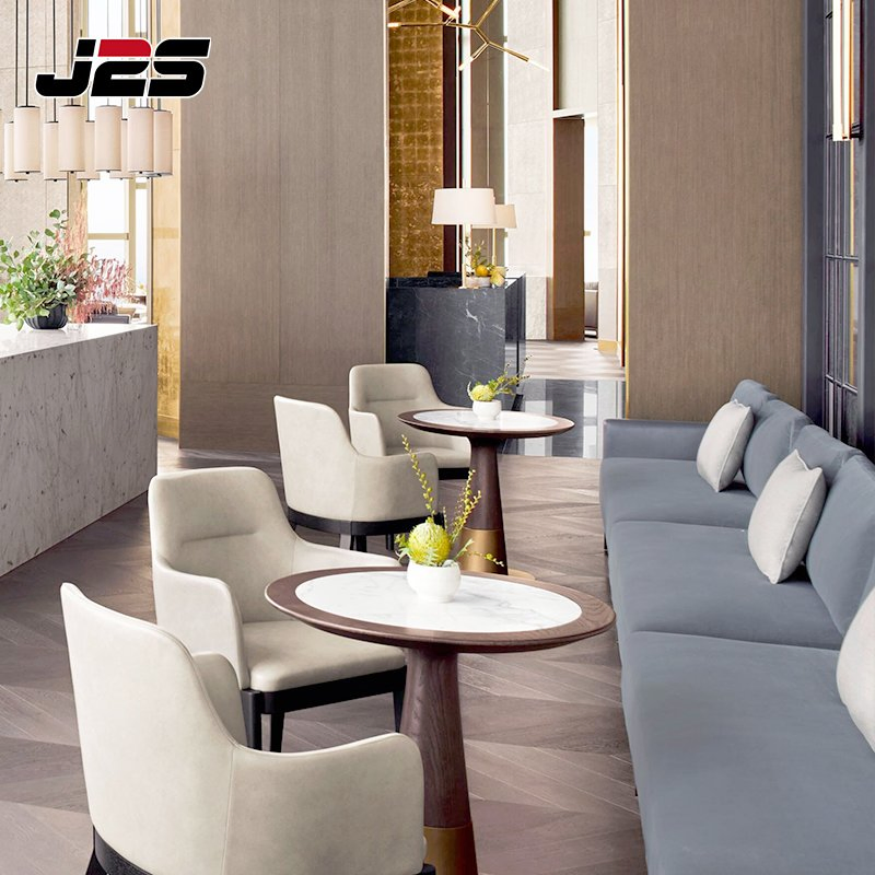 Resort Commercial Restaurant Furniture Long Wood Table Sculptural Base Rattan Pendant Light Buffet Area