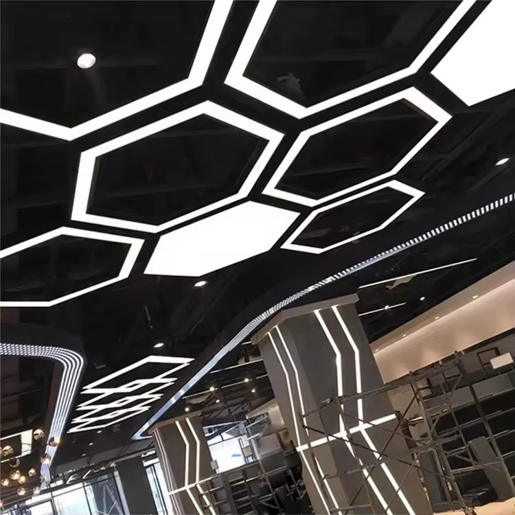 Modern Commerce Hexagon Light Indoor Decoration Lighting Gym Office LED Hanging Lamp Chandeliers Ceiling Pendant Lights