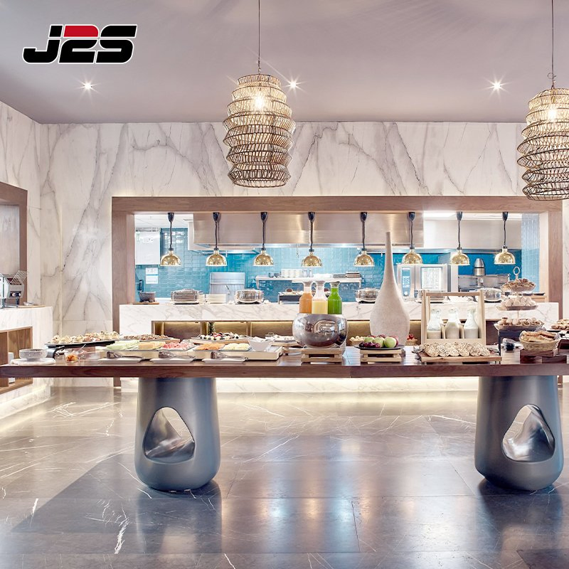 Resort Commercial Restaurant Furniture Long Wood Table Sculptural Base Rattan Pendant Light Buffet Area