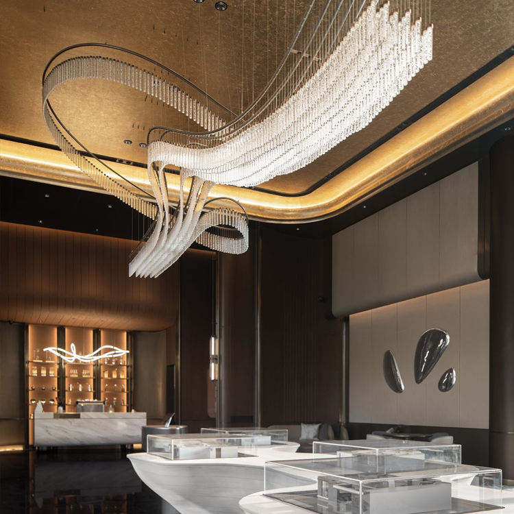 Modern Curved LED Crystal Chandelier - Customizable Large-Scale Art Lighting for Luxury Hotel Lobby/High-End Office Reception
