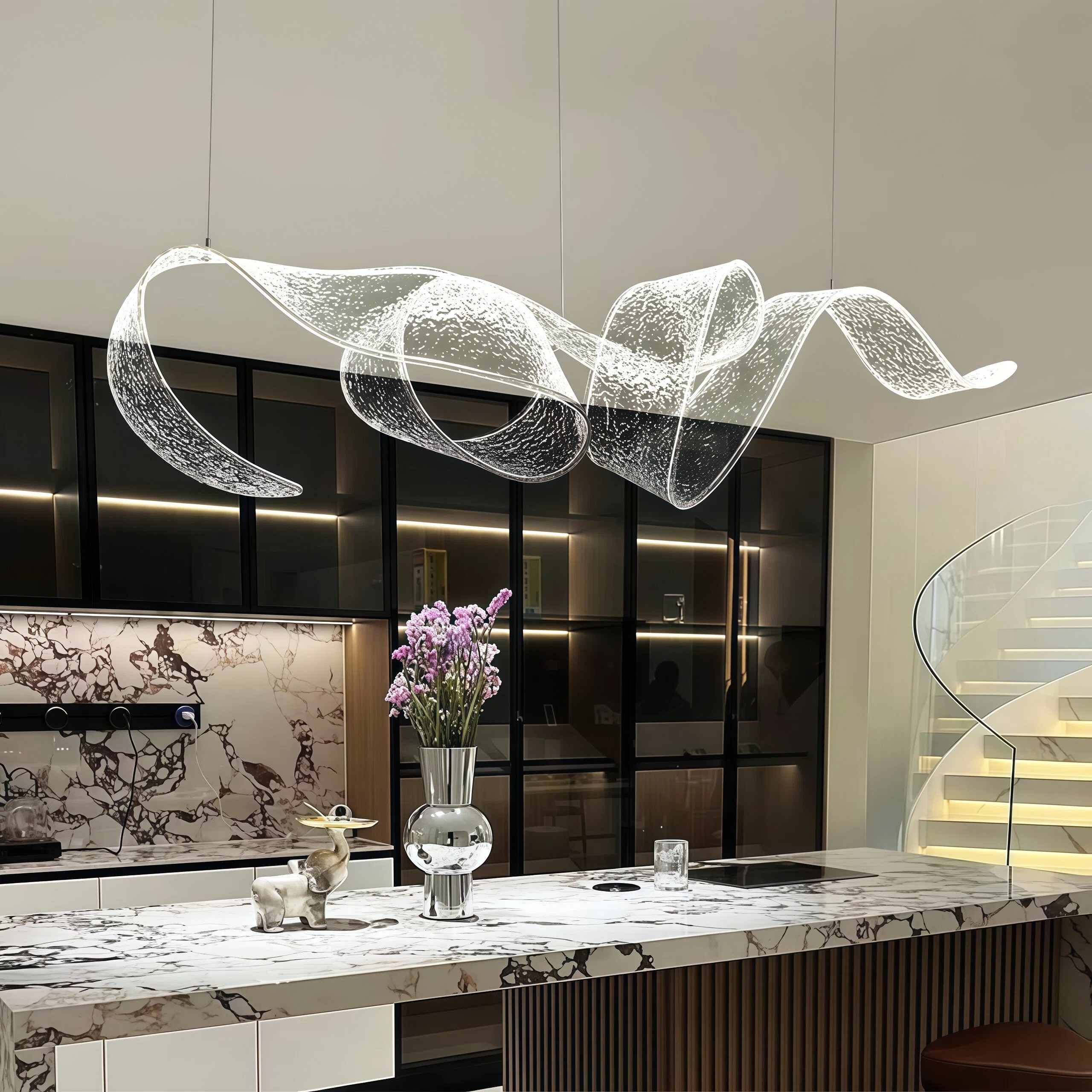 JYLIGHTING Designer SAA VDE Minimalist Wave Acrylic Linear Chandelier Pendant Light Reception Desk Creative