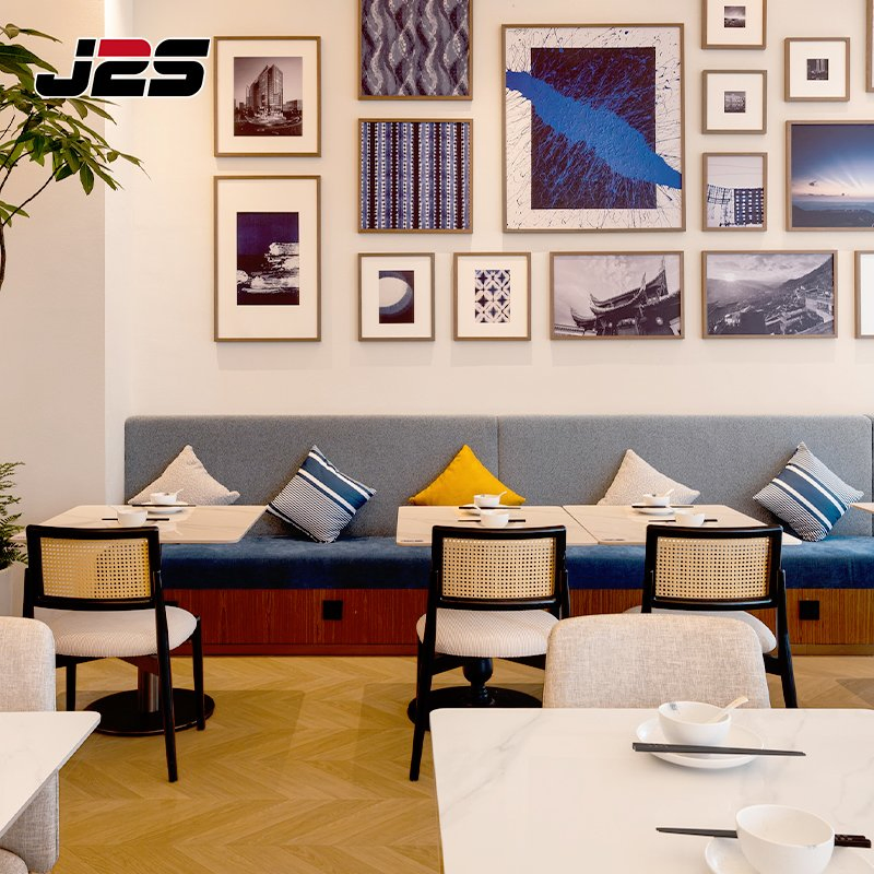 Luxury Commercial Restaurant Furniture Grey Orange Chair Marble Top Table Tubular Metal Base Hotel Buffet Lounge Area